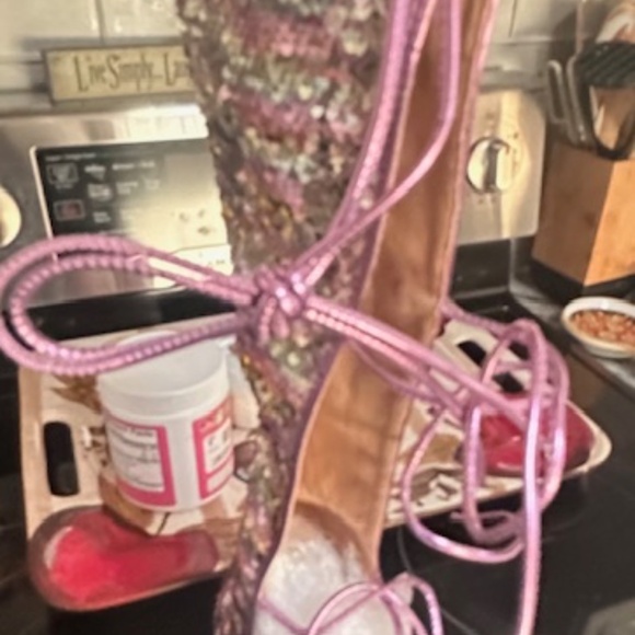 SEXY Pink & Sliver Sequin High Stiletto Boots w/Open Laced Back - Brand New 8.5M - Picture 12 of 16